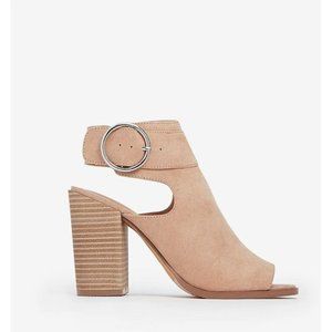 Express Peep Toe Buckle Heeled Booties - Neutral